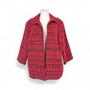 Alfred Dunner Women's 16W Open Front Blazer Jacket Red Black Lined 3/4 Sleeves